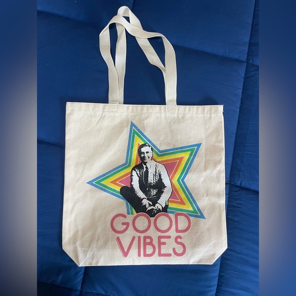 New Natural Cotton Shopping Tote Bag GOOD VIBES Mr Rodger’s Colorful - Picture 1 of 8